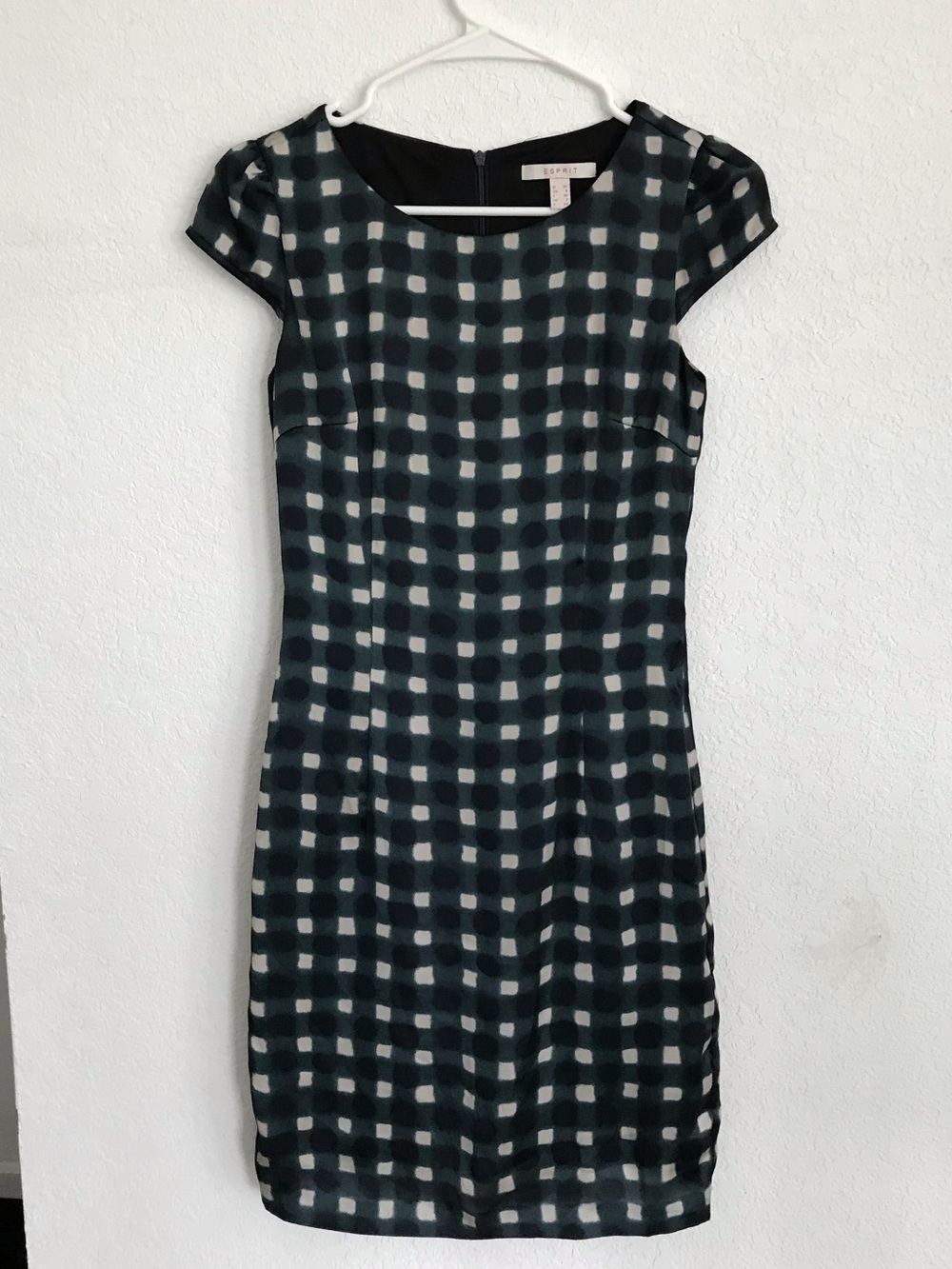 Esprit Dark Green and White Checked Cap-Sleeve Sheath Dress